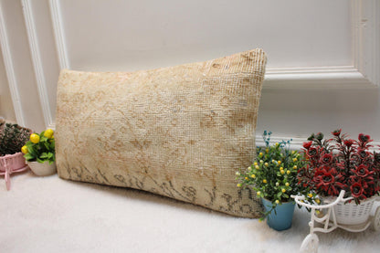 Beige Anatolian Lumbar Pillow Cover: Handmade Kilim Rug, 12x24 inch