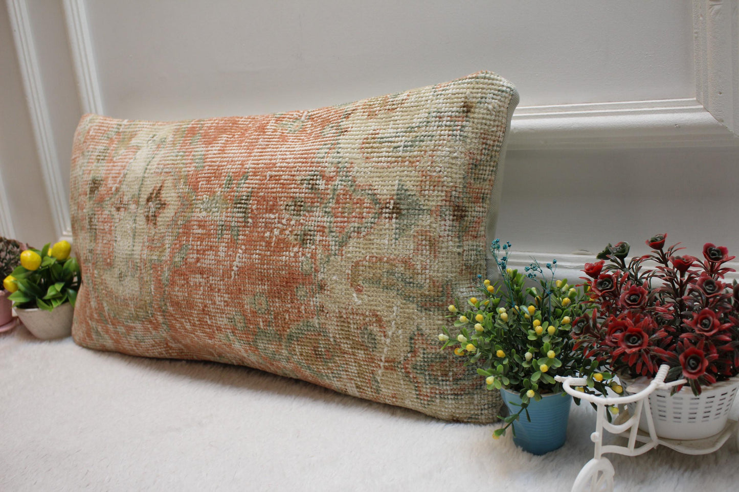 Handmade Turkish Rug Lumbar Pillow Cover: Vintage Anatolian Cushion (12x20 in)