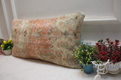 Handmade Turkish Rug Lumbar Pillow Cover: Vintage Anatolian Cushion (12x20 in)