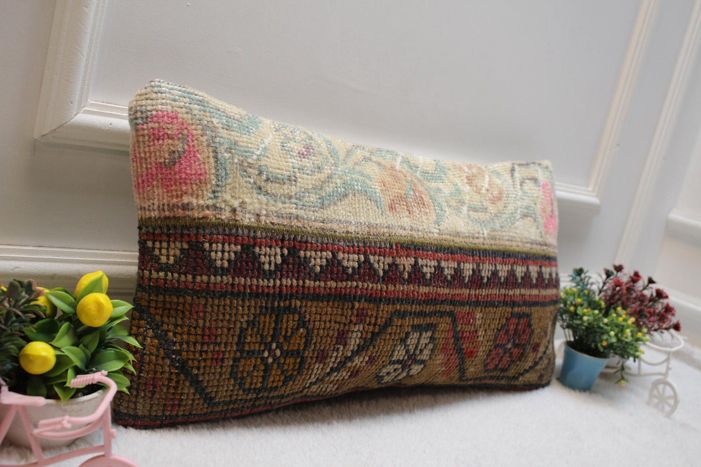 Patchwork Turkish Rug Lumbar Pillow Cover: Vintage Wool, 12x24 inc