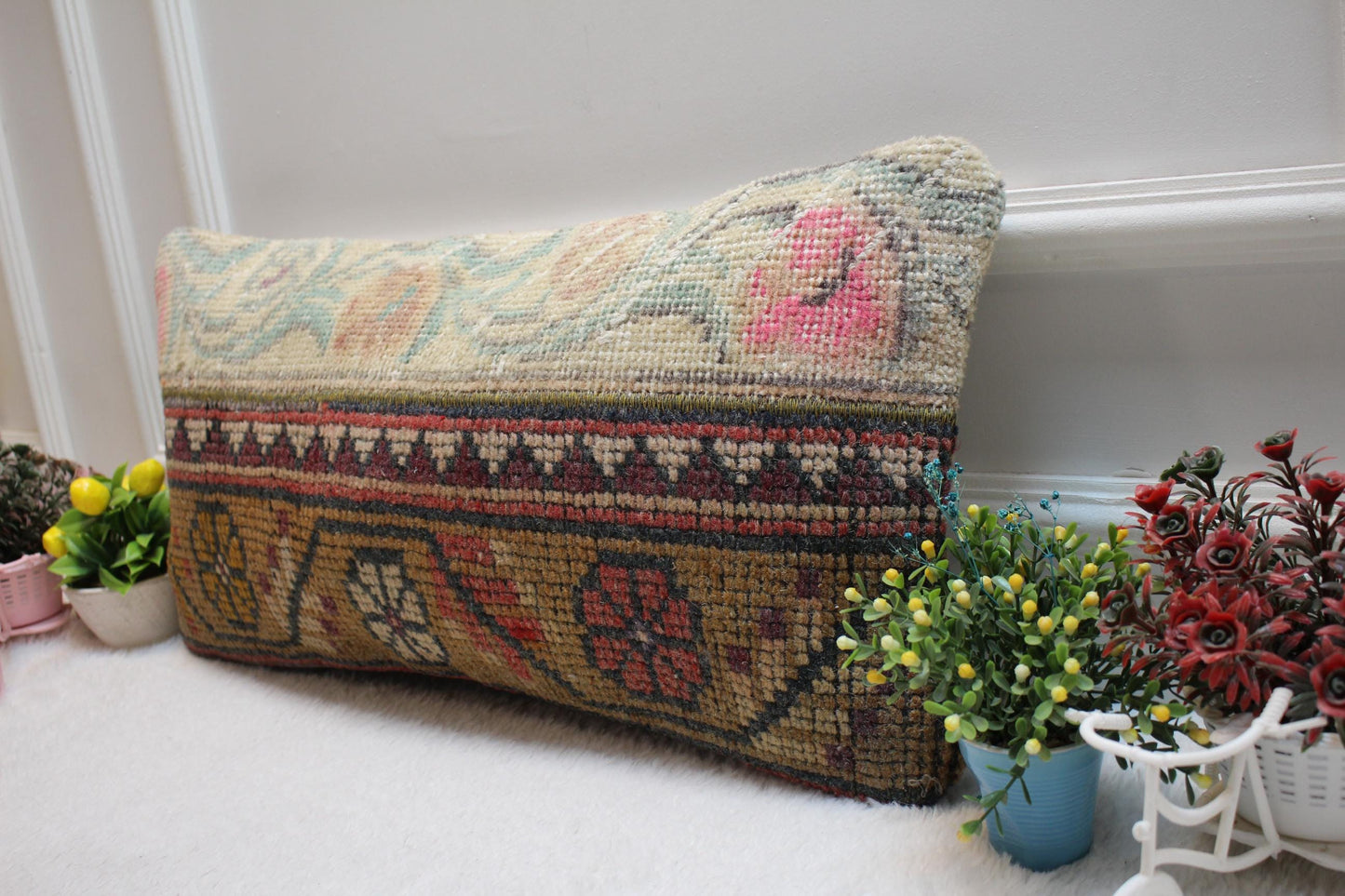 Patchwork Turkish Rug Lumbar Pillow Cover: Vintage Wool, 12x24 inc