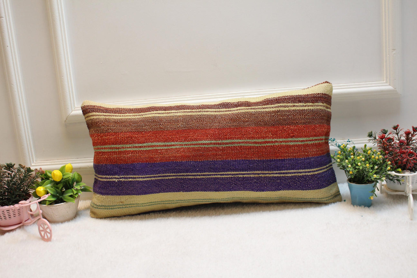 Striped Kilim Lumbar Pillow Cover: Handmade Wool, 12x24 in