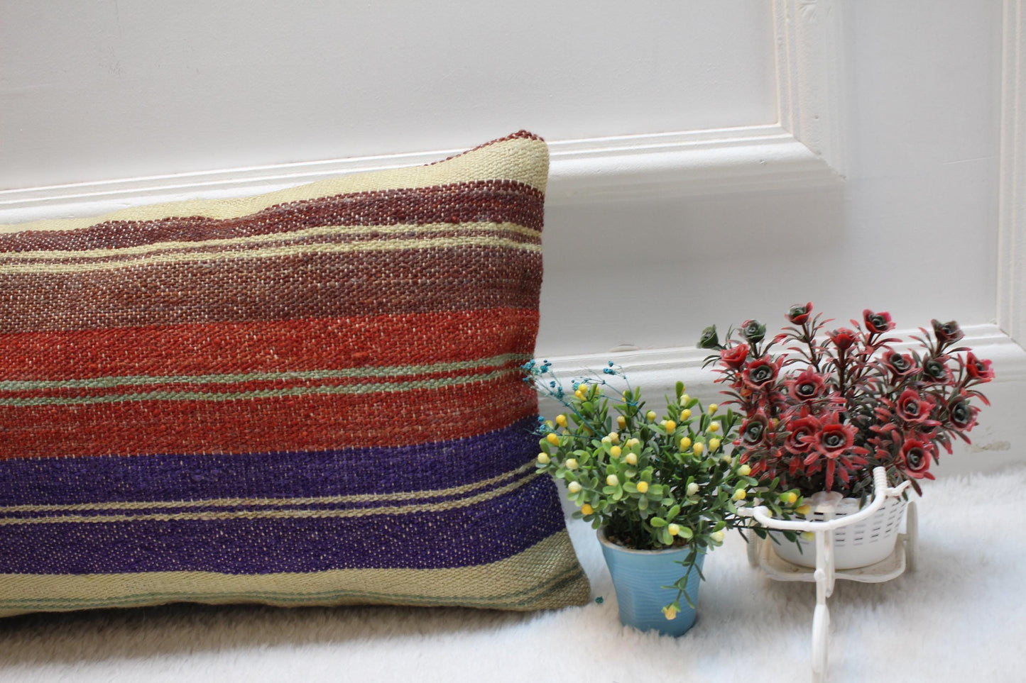 Striped Kilim Lumbar Pillow Cover: Handmade Wool, 12x24 in