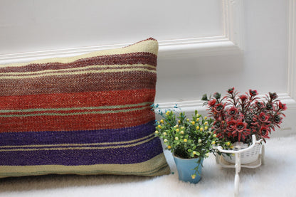 Striped Kilim Lumbar Pillow Cover: Handmade Wool, 12x24 in
