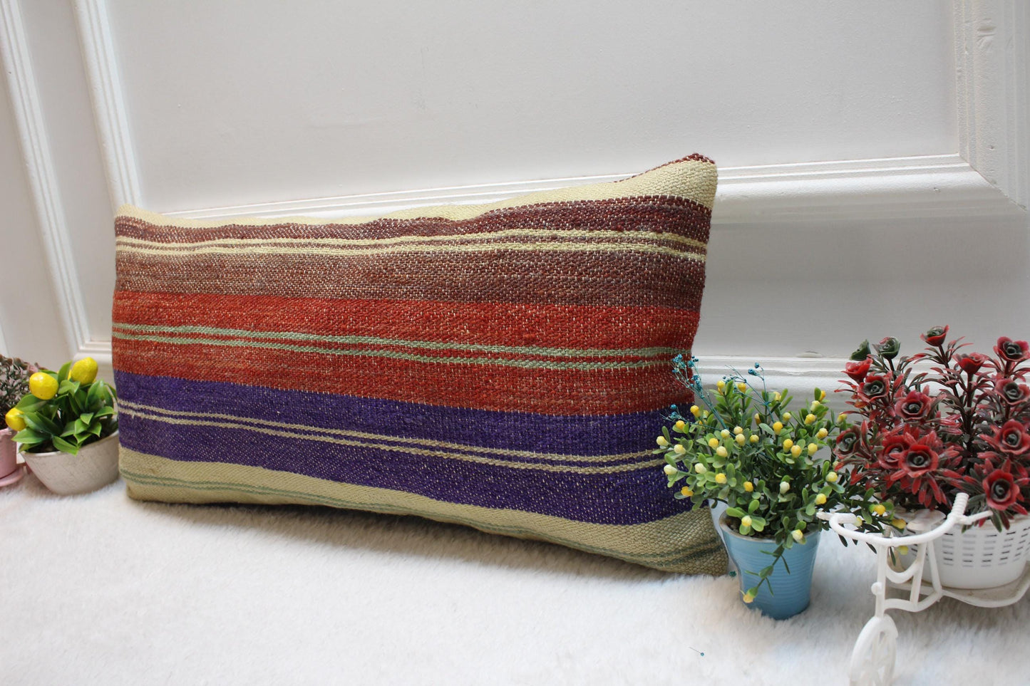 Striped Kilim Lumbar Pillow Cover: Handmade Wool, 12x24 in