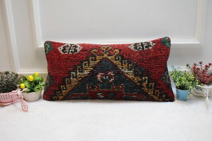 Red Wool Lumbar Pillow Cover: Vintage Anatolian Kilim, 12x24 inc