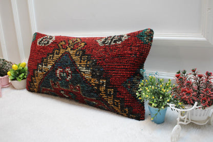 Red Wool Lumbar Pillow Cover: Vintage Anatolian Kilim, 12x24 inc