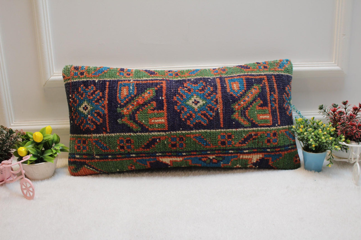 Handmade Wool Lumbar Pillow Cover: Geometric Turkish Rug Design