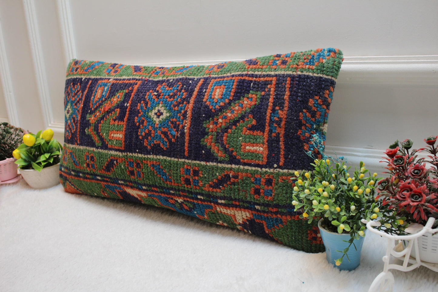 Handmade Wool Lumbar Pillow Cover: Geometric Turkish Rug Design