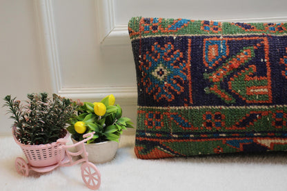 Handmade Wool Lumbar Pillow Cover: Geometric Turkish Rug Design