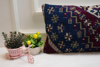 Geometric Turkish Rug Lumbar Pillow Cover: 12x24 Wool Kilim Pillow