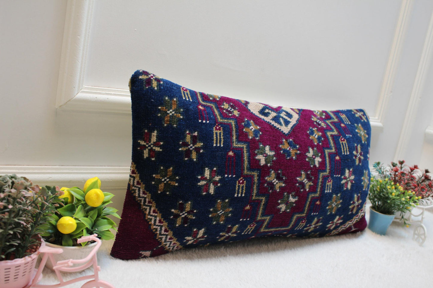 Blue Vintage Turkish Rug Lumbar Pillow Cover: 12x24 inc Handmade Kilim