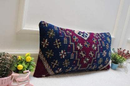 Blue Vintage Turkish Rug Lumbar Pillow Cover: 12x24 inc Handmade Kilim