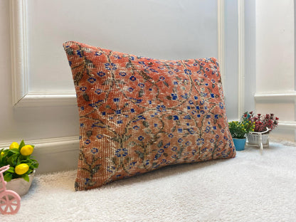 Red Floral Lumbar Pillow Cover: Handmade Wool Anatolian Throw Pillow (16x24 in)