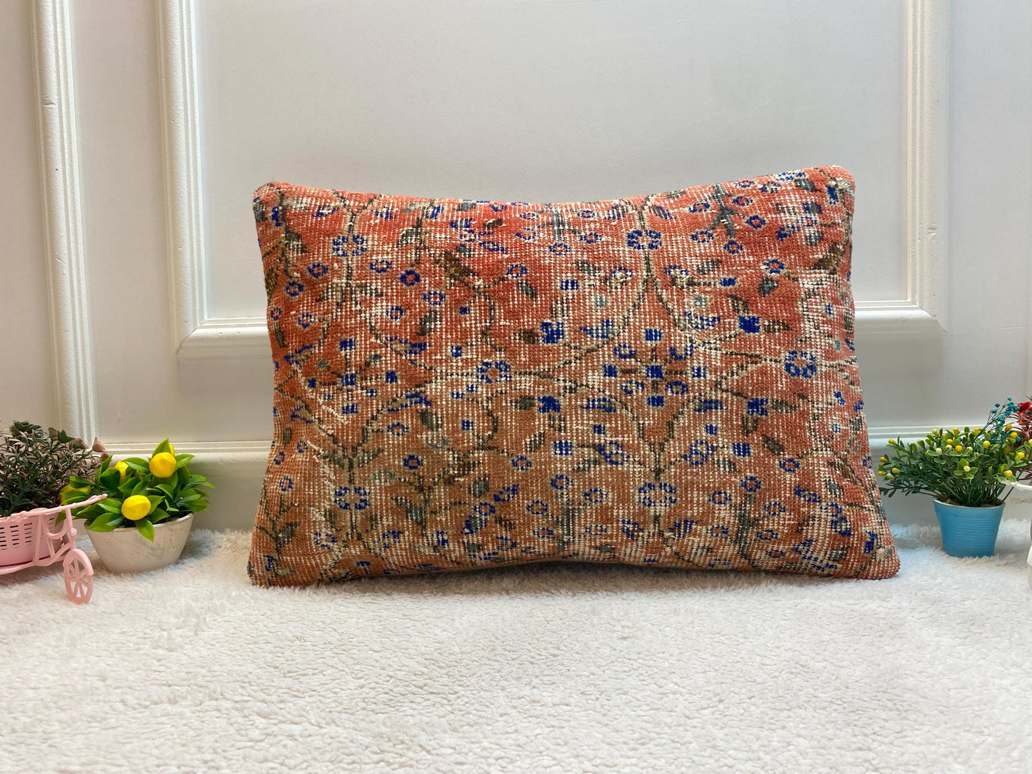Red Floral Lumbar Pillow Cover: Handmade Wool Anatolian Throw Pillow (16x24 in)