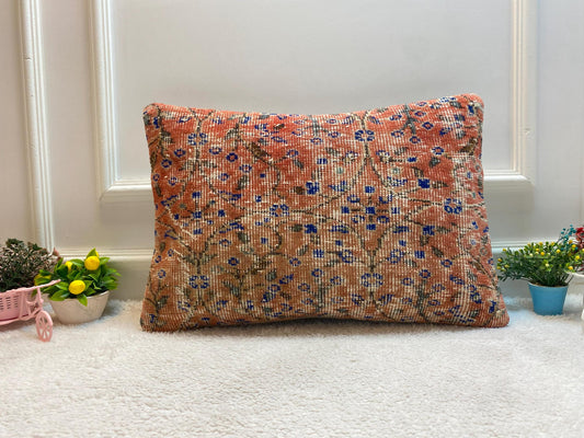 Red Floral Lumbar Pillow Cover: Handmade Wool Anatolian Throw Pillow (16x24 in)