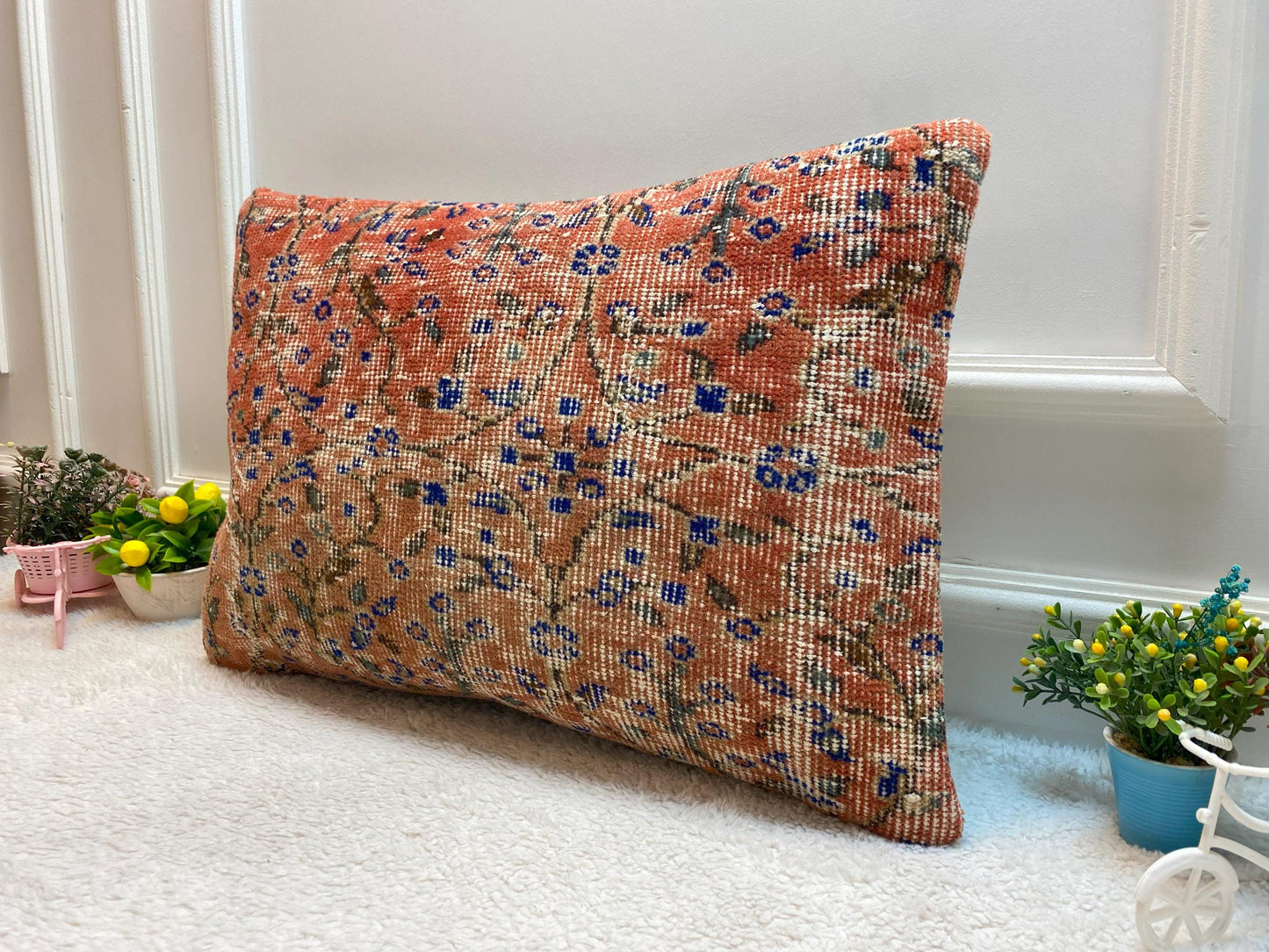Red Floral Lumbar Pillow Cover: Handmade Wool Anatolian Throw Pillow (16x24 in)