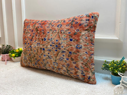 Red Floral Lumbar Pillow Cover: Handmade Wool Anatolian Throw Pillow (16x24 in)