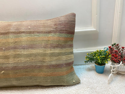 Striped Kilim Lumbar Pillow Cover: Vintage Woven Wool, 16x24 inch