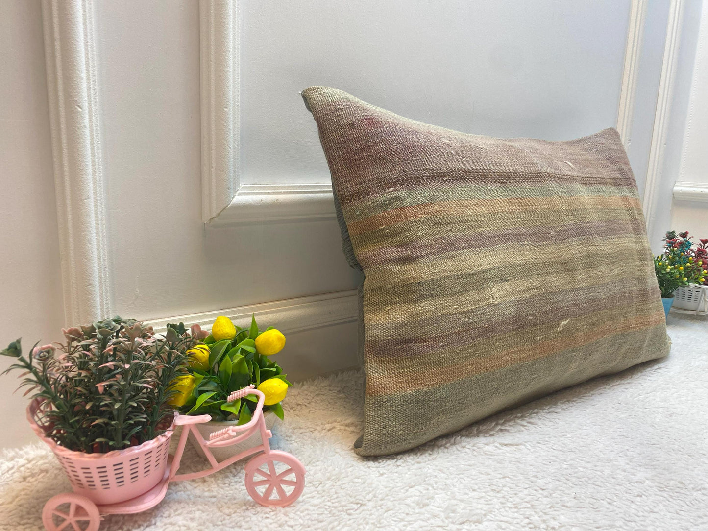 Striped Kilim Lumbar Pillow Cover: Vintage Woven Wool, 16x24 inch