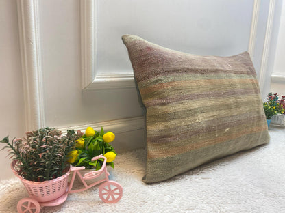 Striped Kilim Lumbar Pillow Cover: Vintage Woven Wool, 16x24 inch