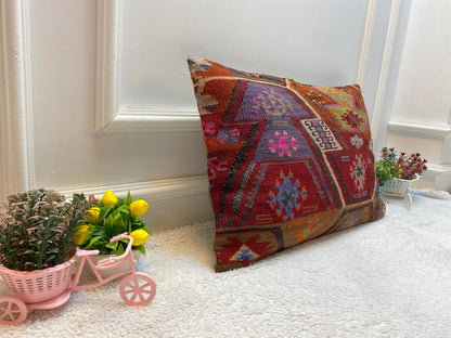 Geometric Kilim Lumbar Pillow Cover: Vintage Red Woven Wool (16x24 in)