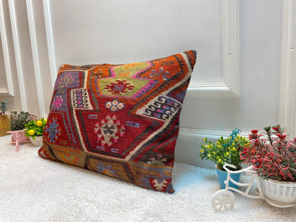 Geometric Kilim Lumbar Pillow Cover: Vintage Red Woven Wool (16x24 in)