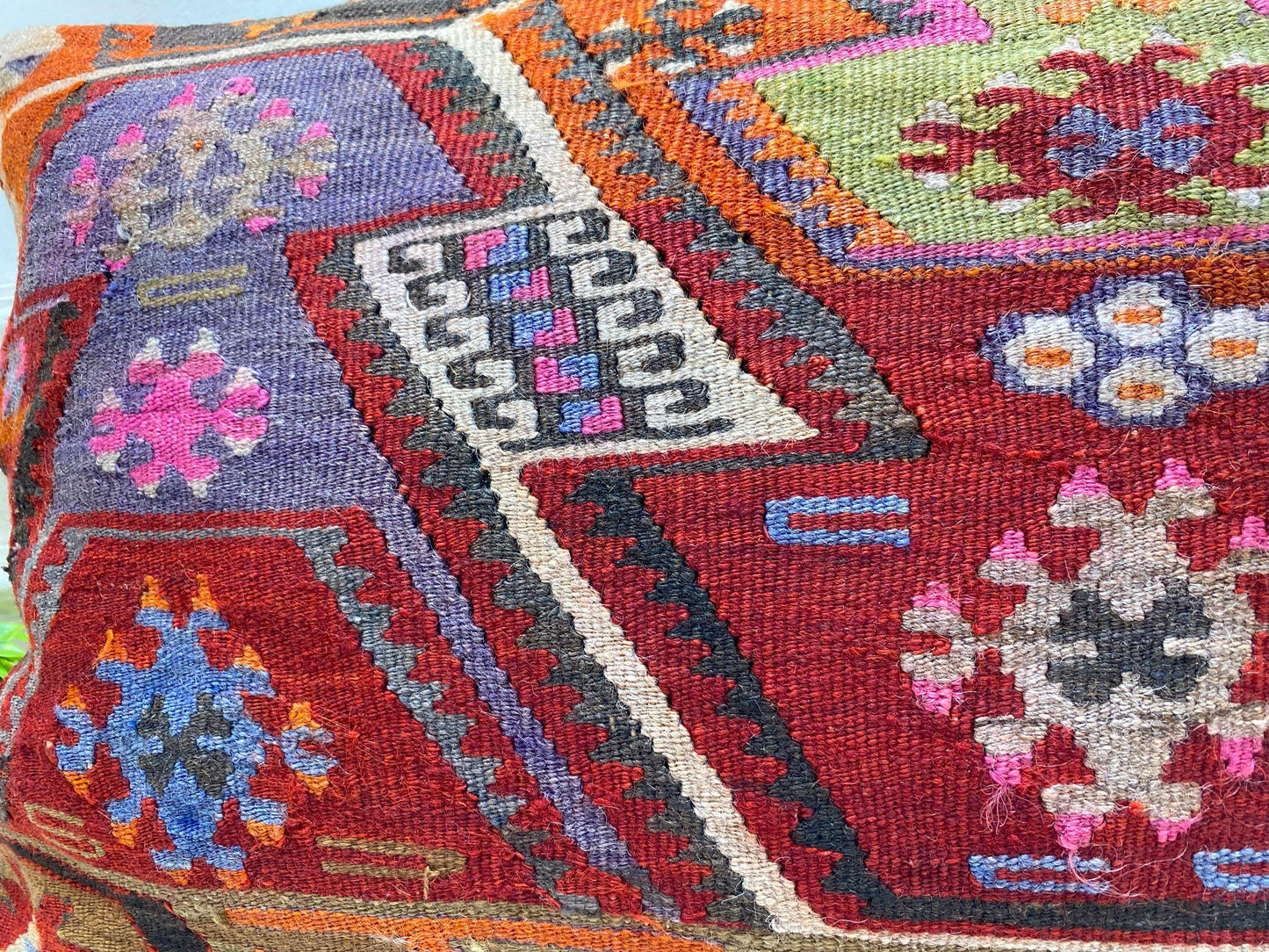 Geometric Kilim Lumbar Pillow Cover: Vintage Red Woven Wool (16x24 in)