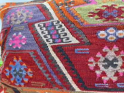 Geometric Kilim Lumbar Pillow Cover: Vintage Red Woven Wool (16x24 in)