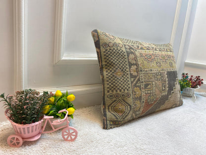Geometric Turkish Rug Lumbar Pillow: Vintage Woven Wool (16x24 in)