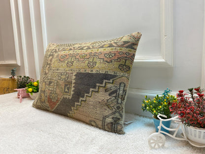 Geometric Turkish Rug Lumbar Pillow: Vintage Woven Wool (16x24 in)