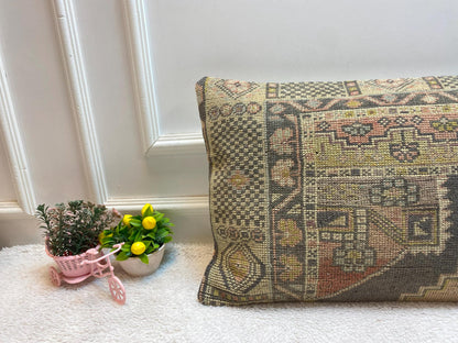 Geometric Turkish Rug Lumbar Pillow: Vintage Woven Wool (16x24 in)