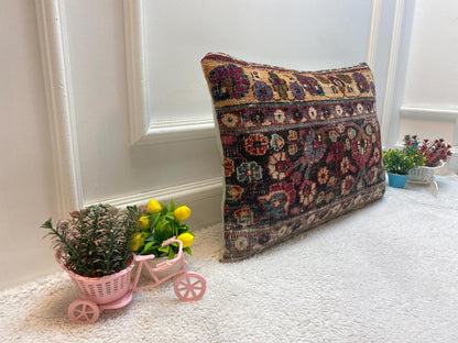 Floral Kilim Lumbar Pillow Cover: Handmade Wool Anatolian Rug (16x24 in)