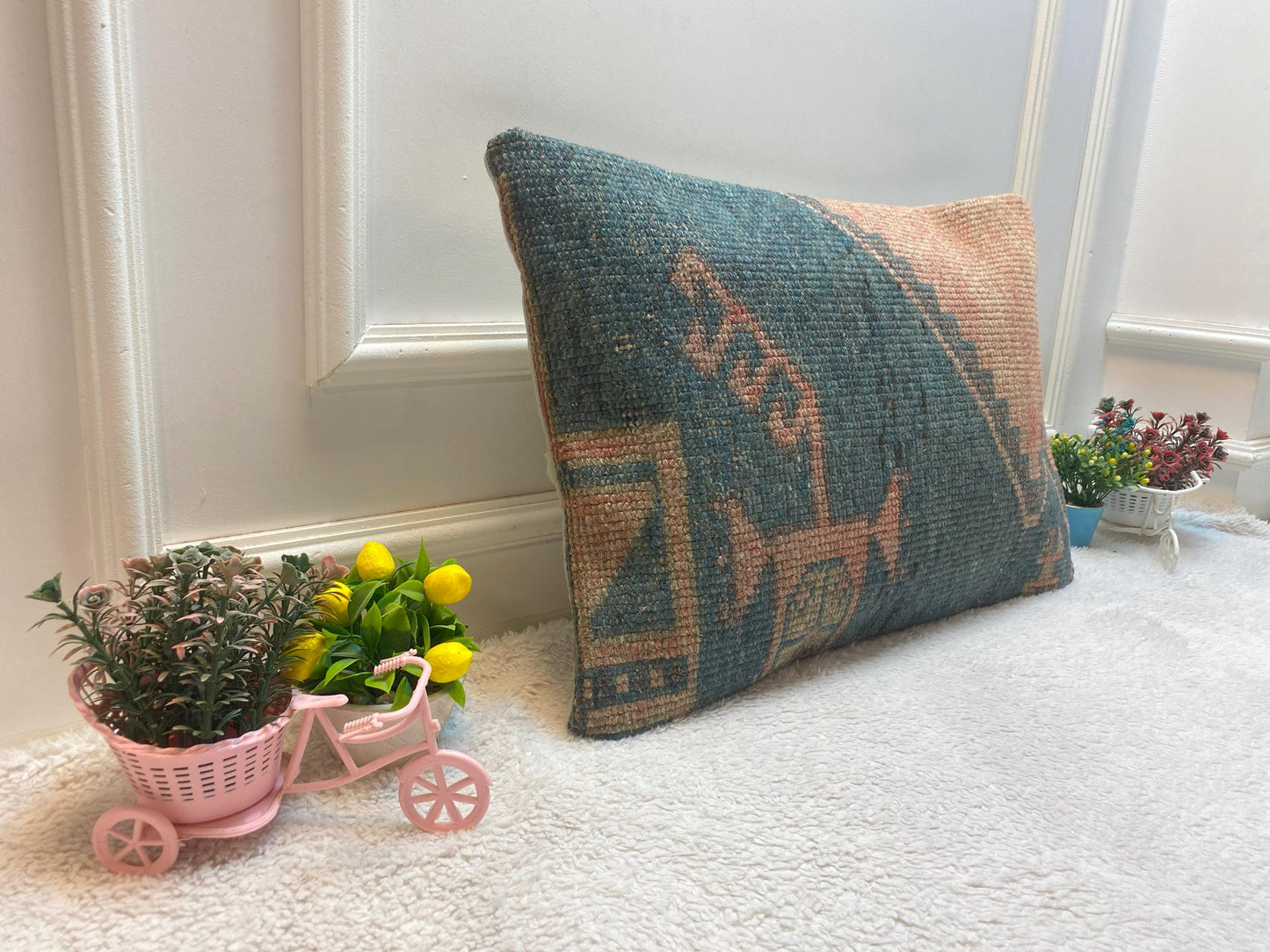Lumbar Kilim Pillow Cover: Orange & Gray Turkish Rug, 16x24 inc