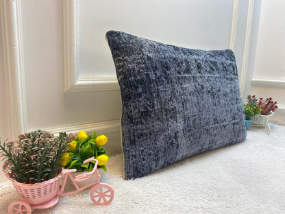 Handmade Gray Kilim Lumbar Pillow Cover: Upcycled Rug, 16x24 inch