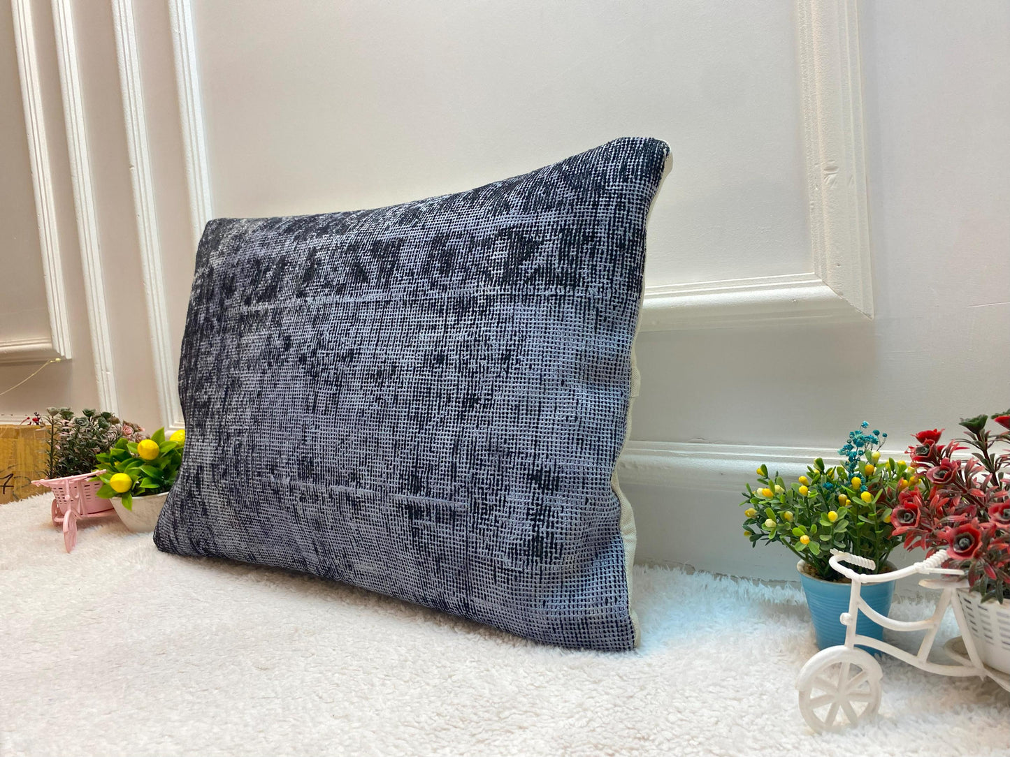 Handmade Gray Kilim Lumbar Pillow Cover: Upcycled Rug, 16x24 inch