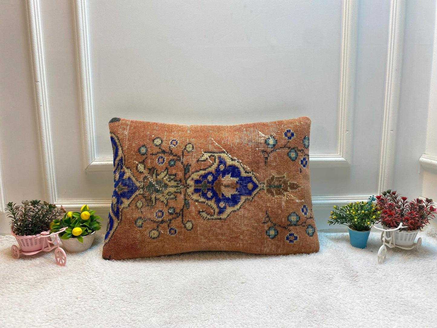 Handmade Kilim Lumbar Pillow Cover: Upcycled Woven Wool, Orange Blue (16x24 inc)
