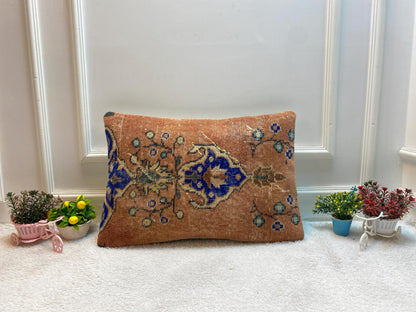 Handmade Kilim Lumbar Pillow Cover: Upcycled Woven Wool, Orange Blue (16x24 inc)