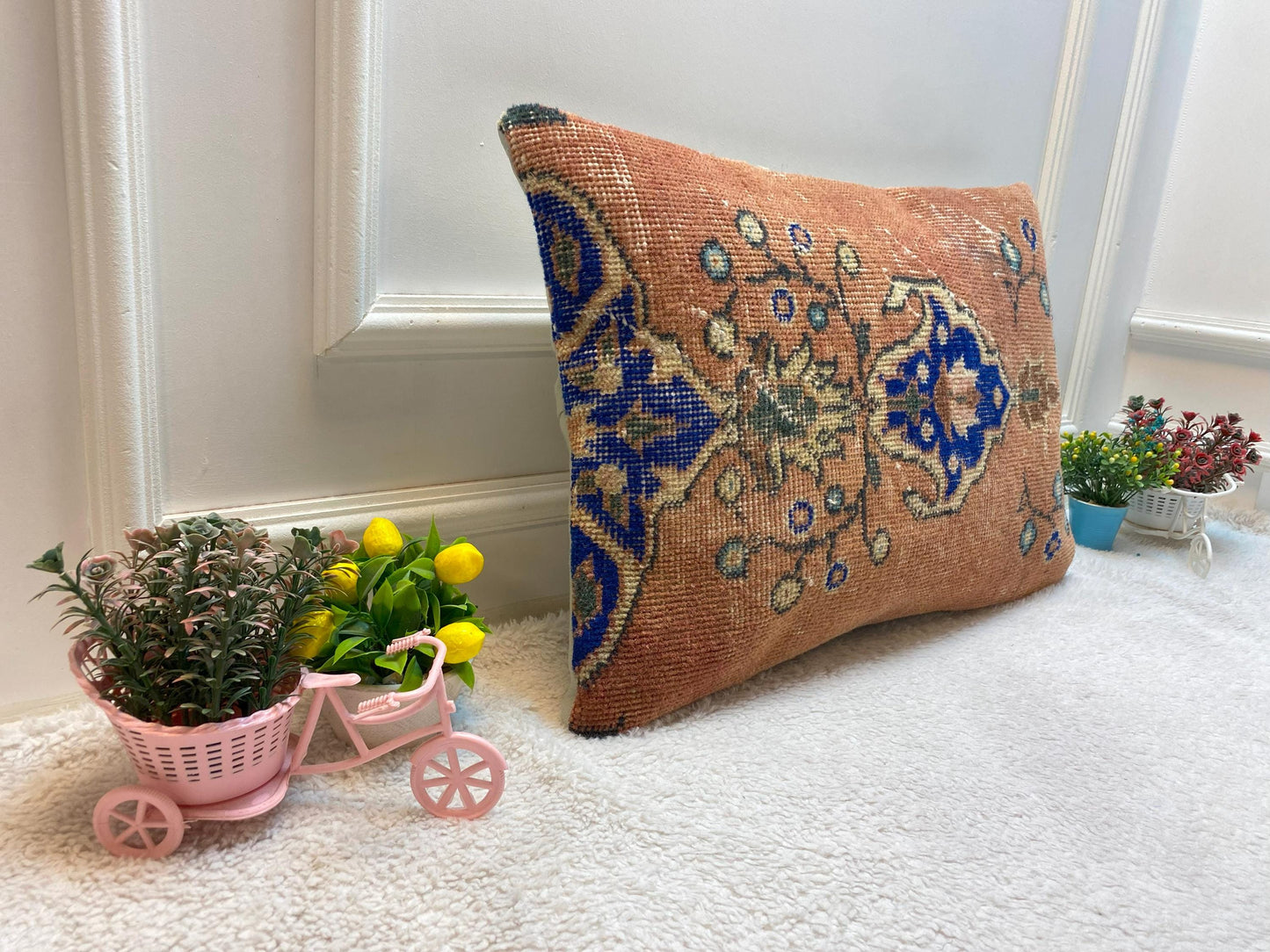 Handmade Kilim Lumbar Pillow Cover: Upcycled Woven Wool, Orange Blue (16x24 inc)