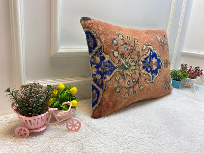 Handmade Kilim Lumbar Pillow Cover: Upcycled Woven Wool, Orange Blue (16x24 inc)