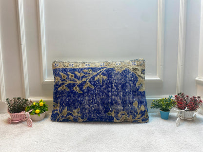 Blue Kilim Pillow Cover: Handmade Organic Wool Throw Pillow (16x24 inc)