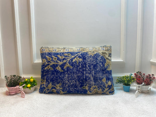 Blue Kilim Pillow Cover: Handmade Organic Wool Throw Pillow (16x24 inc)