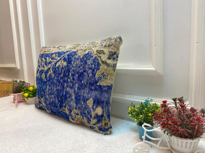 Blue Kilim Pillow Cover: Handmade Organic Wool Throw Pillow (16x24 inc)