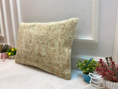 Vintage Turkish Rug Lumbar Pillow Cover: Beige & Green, 16x24 inch