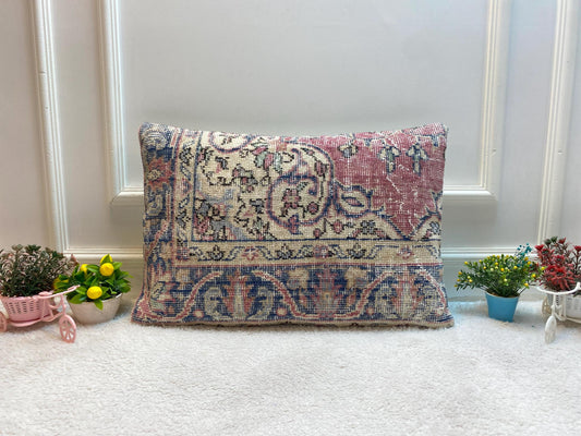 Vintage Turkish Rug Lumbar Pillow: Organic Wool Boho Design (16x24 in)