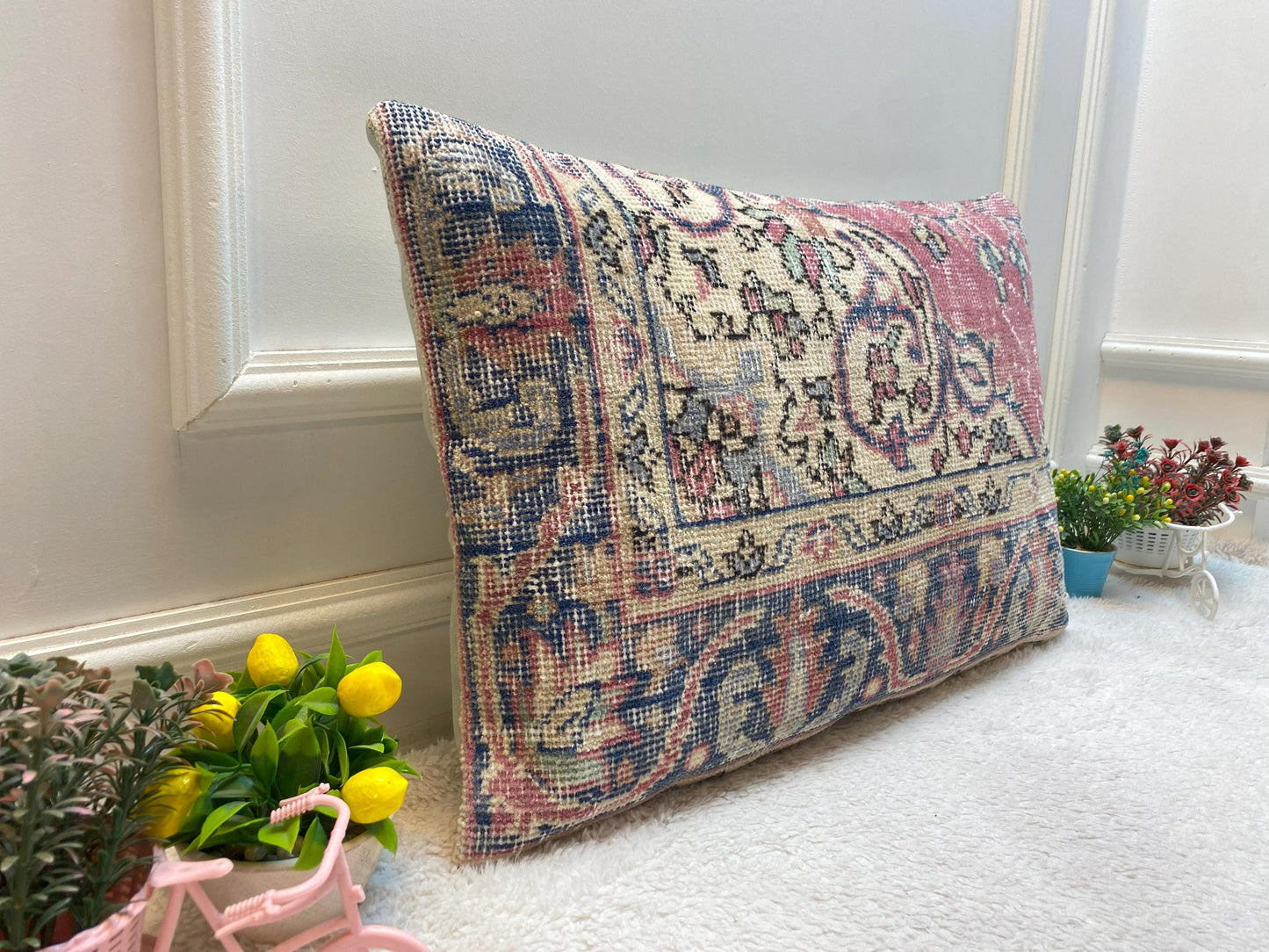 Vintage Turkish Rug Lumbar Pillow: Organic Wool Boho Design (16x24 in)