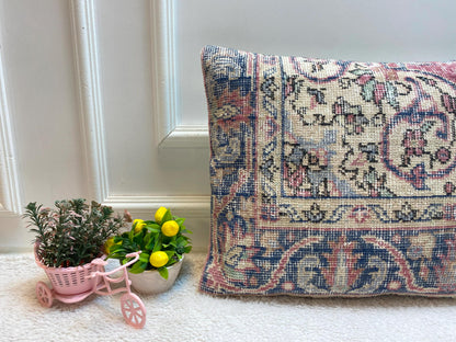 Vintage Turkish Rug Lumbar Pillow: Organic Wool Boho Design (16x24 in)