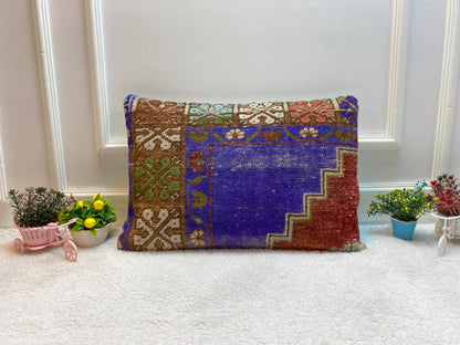 Vintage Turkish Rug Lumbar Pillow: Blue Woven Wool Pillow Cover (16x24 in)