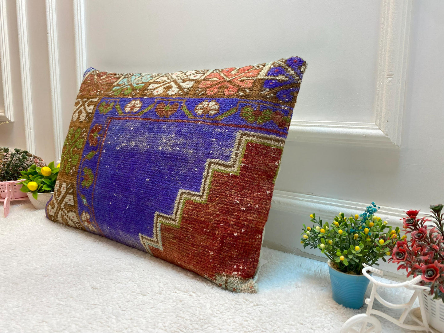 Vintage Turkish Rug Lumbar Pillow: Blue Woven Wool Pillow Cover (16x24 in)