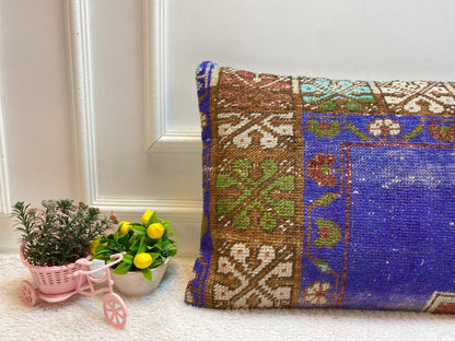 Vintage Turkish Rug Lumbar Pillow: Blue Woven Wool Pillow Cover (16x24 in)